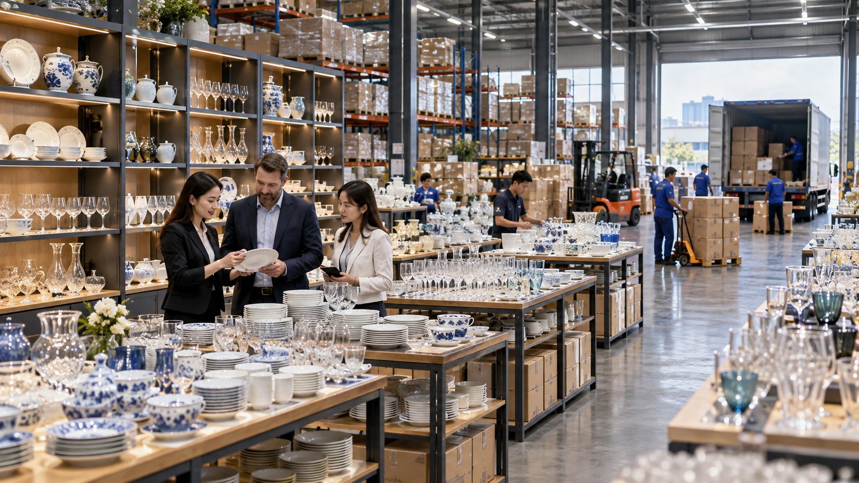 Shelves of blue and white porcelain above long tables of glassware, three people talking