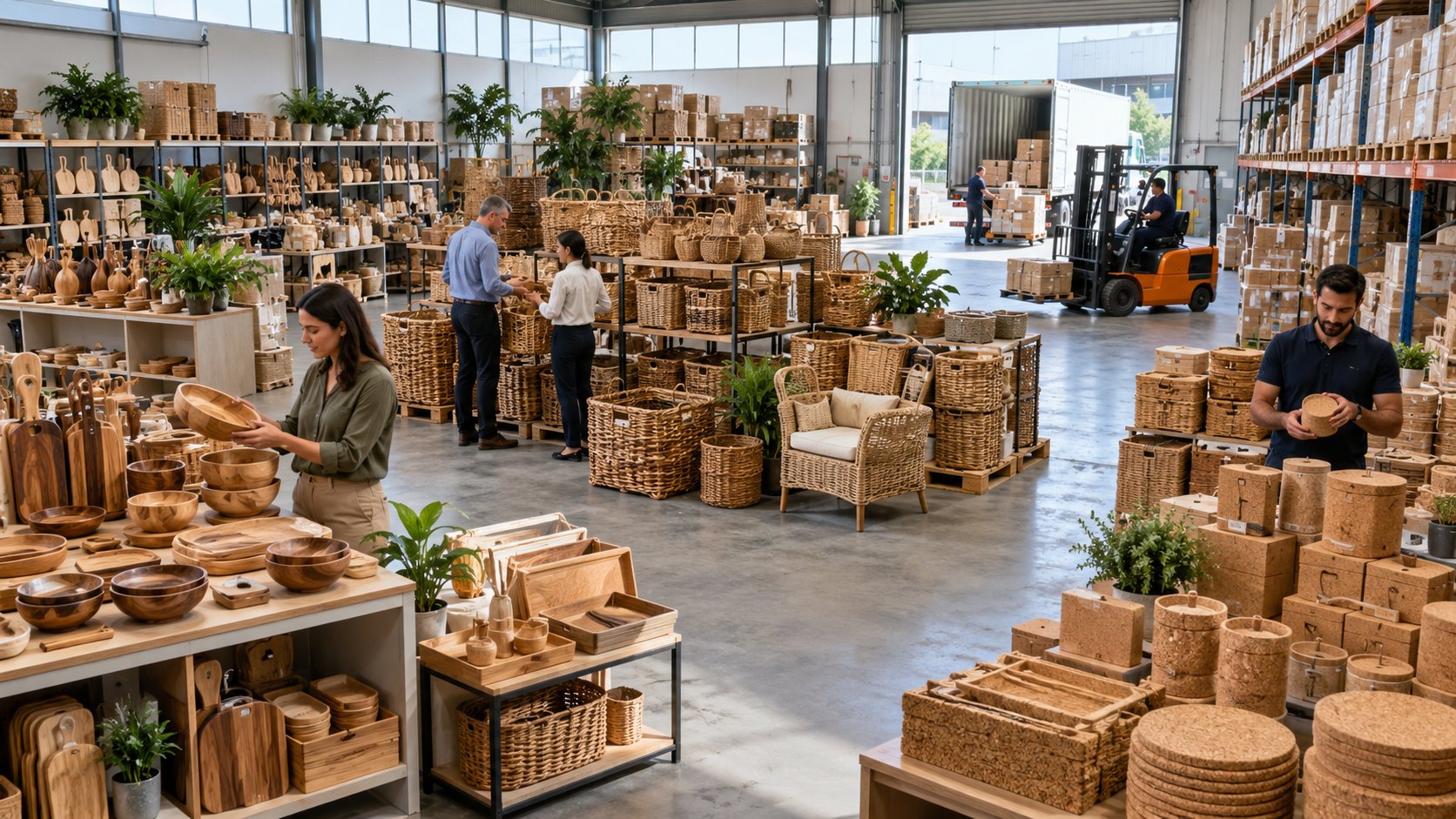 Wicker baskets, wooden bowls and cork mats fill a floor, staff checking items throughout