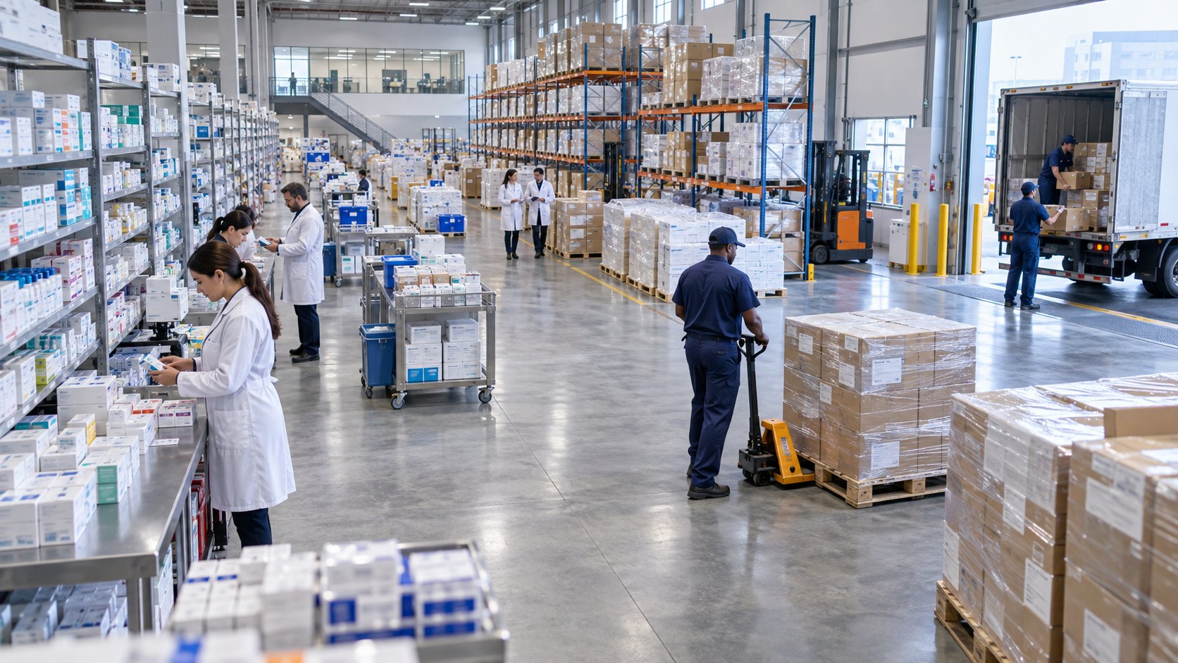Staff in white coats pick medicine cartons at benches while a worker moves pallets