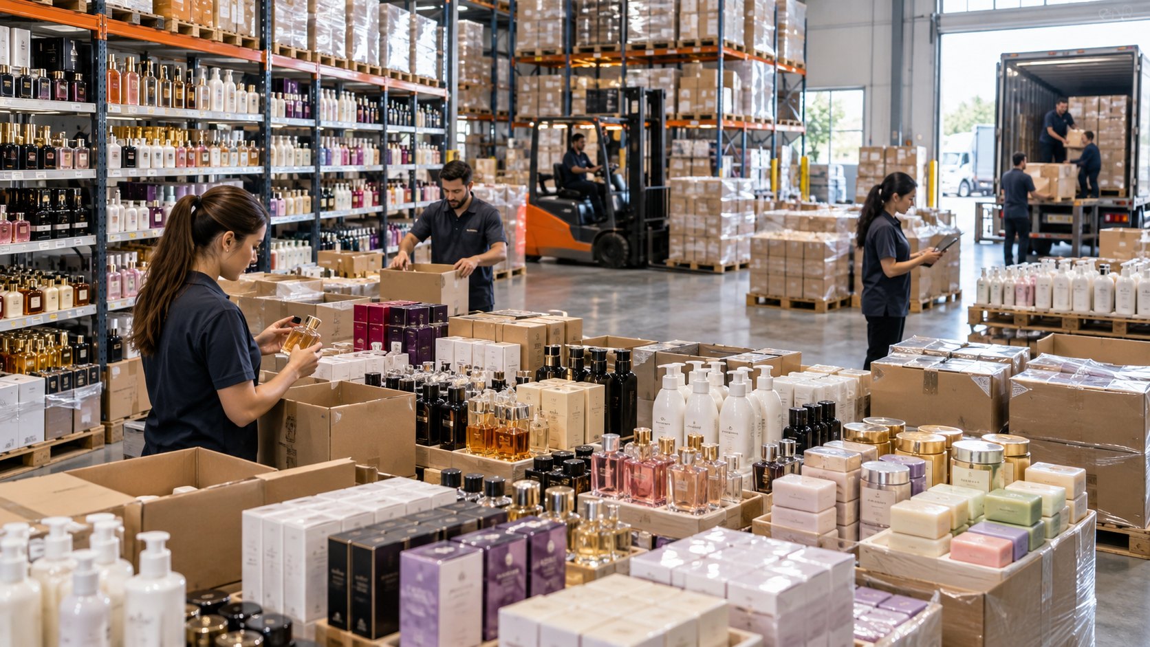 Perfume bottles and tubes packed in open cartons, a woman checking one at the left