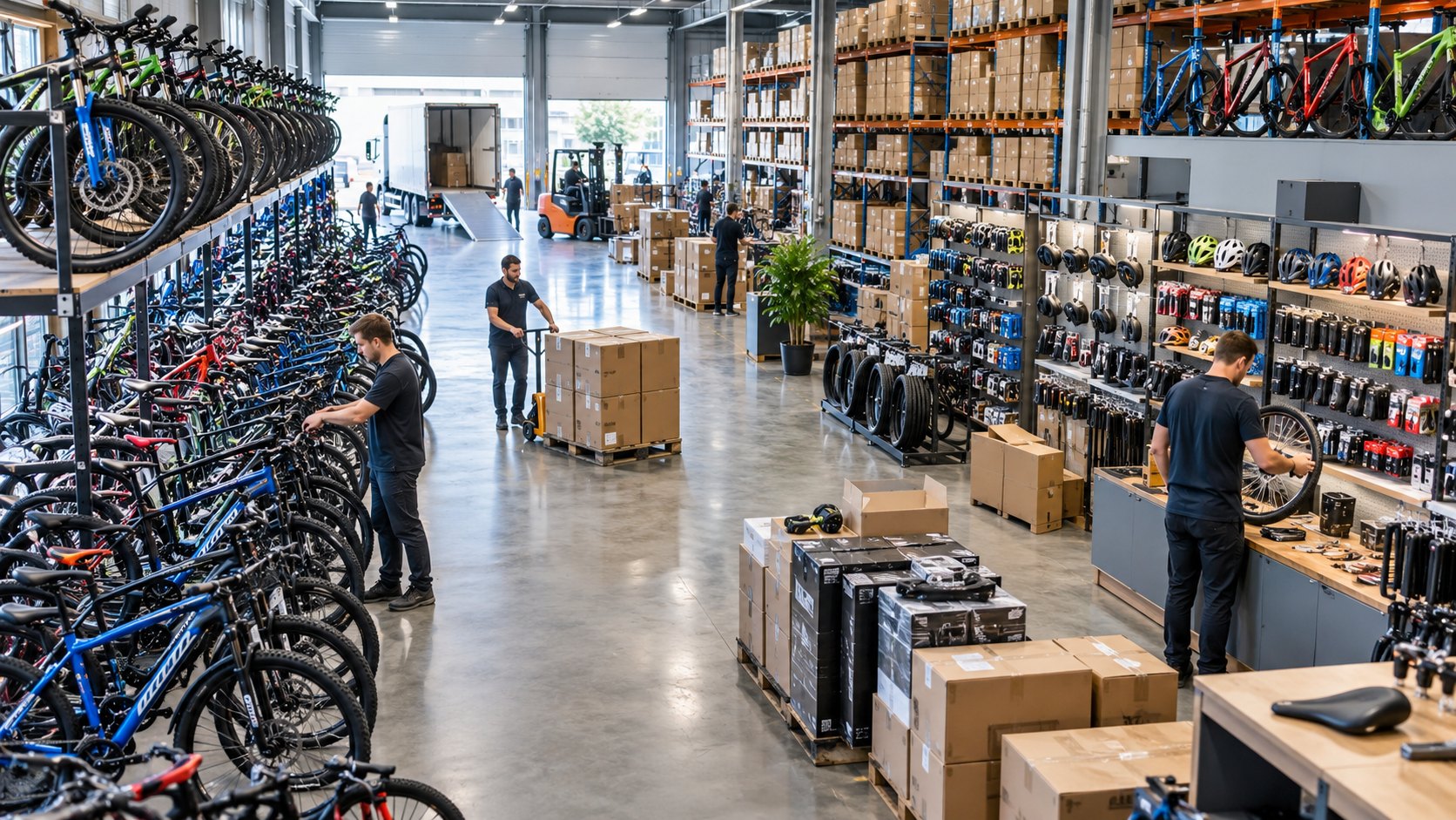 Bicycles hang in rows while staff move boxed parts across a stockroom floor