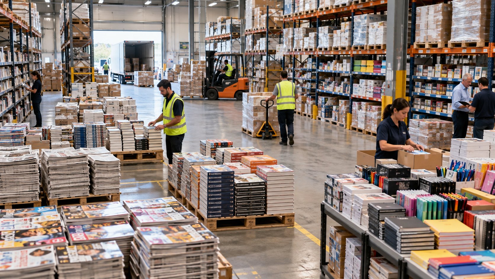 Pallets of stacked books and magazines across a floor, a woman sorting into boxes