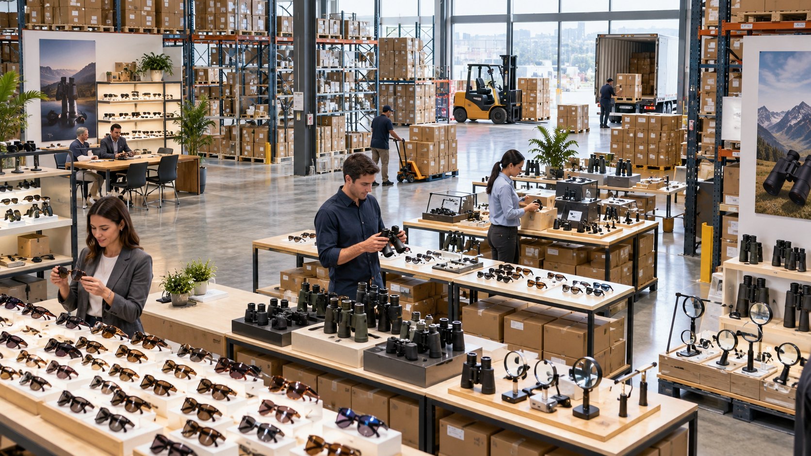 Long display tables of binoculars and sunglasses in an open hall, staff browsing them