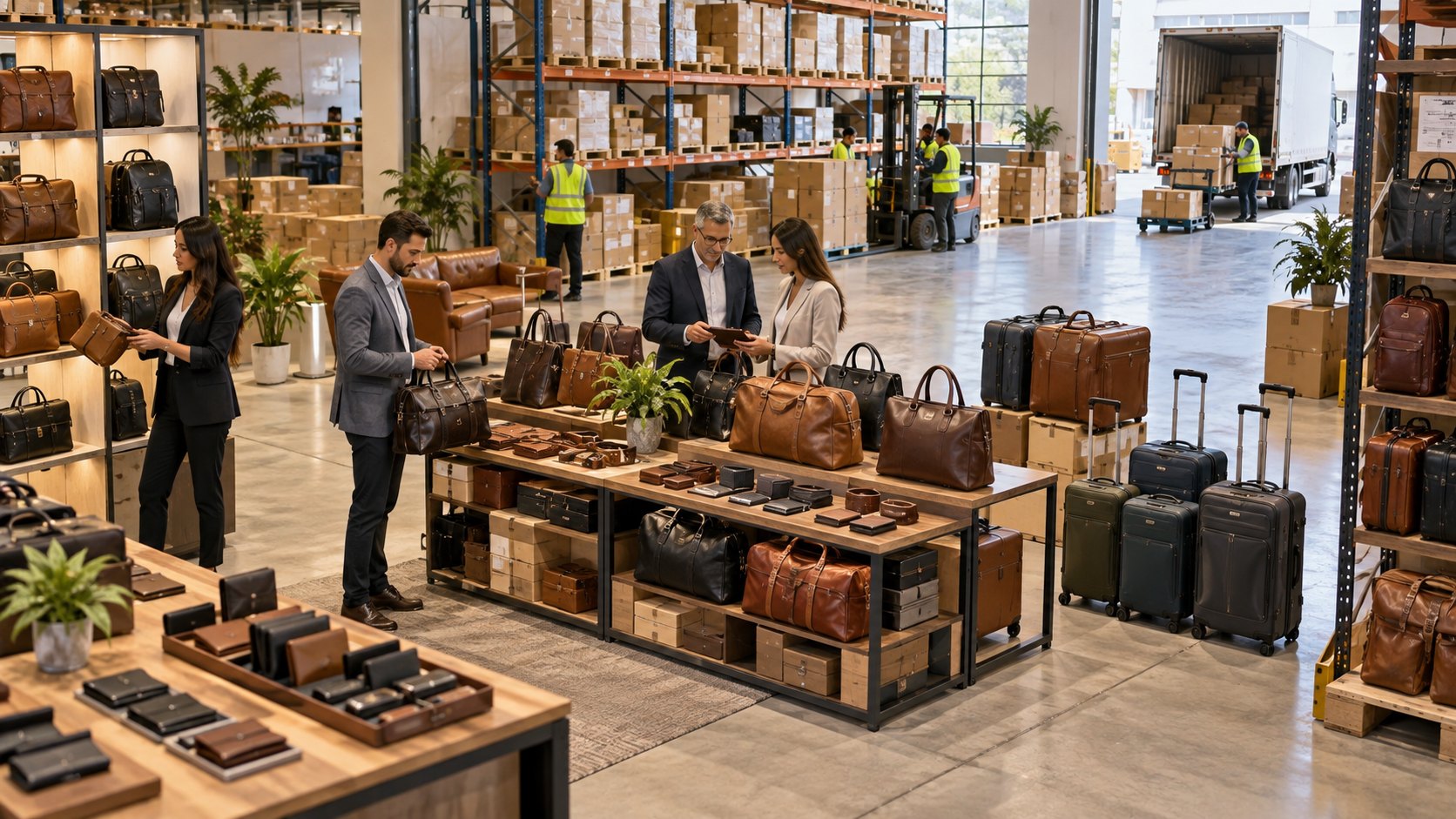 Leather bags and wheeled suitcases on showroom stands, two people browsing between them