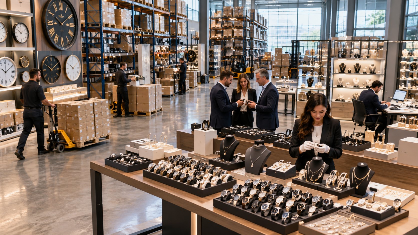 Wall clocks above display tables of watches and necklace stands, staff attending them