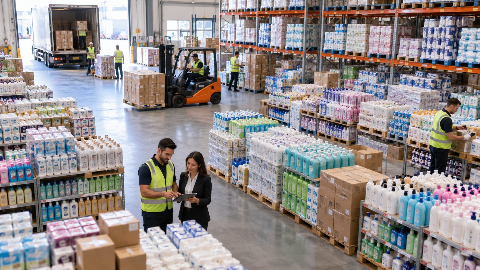 Pallets of shrink-wrapped toiletries line a wide aisle where two people confer