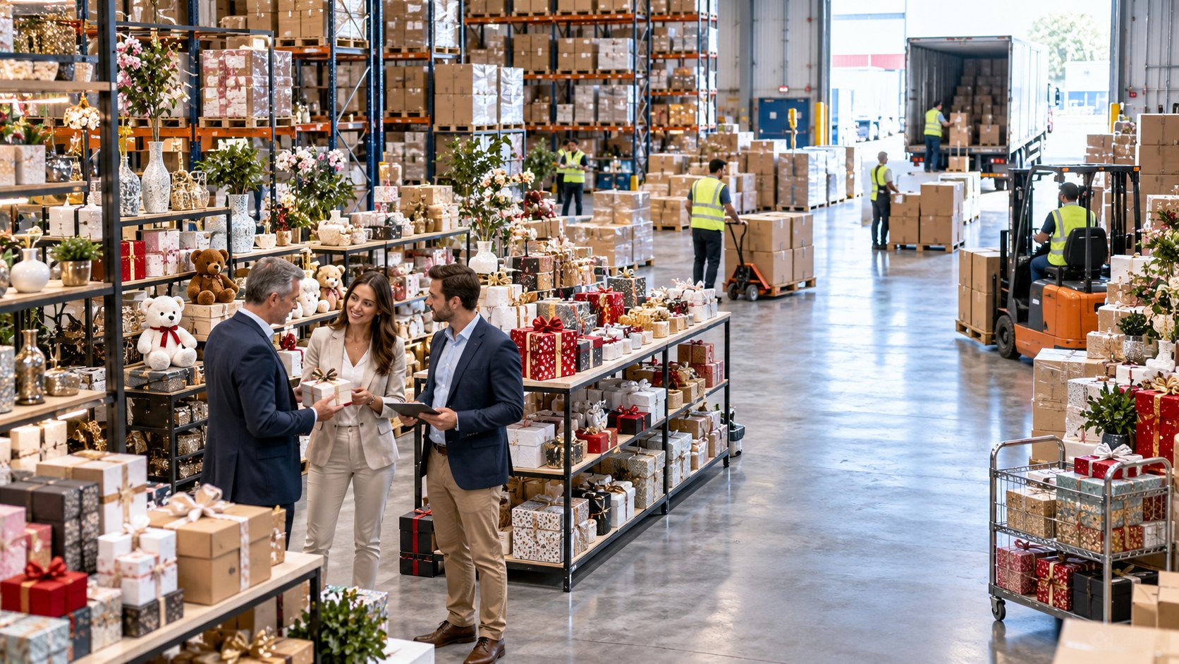 Three people talk in an aisle of gift shelves under stacked pallets of cartons