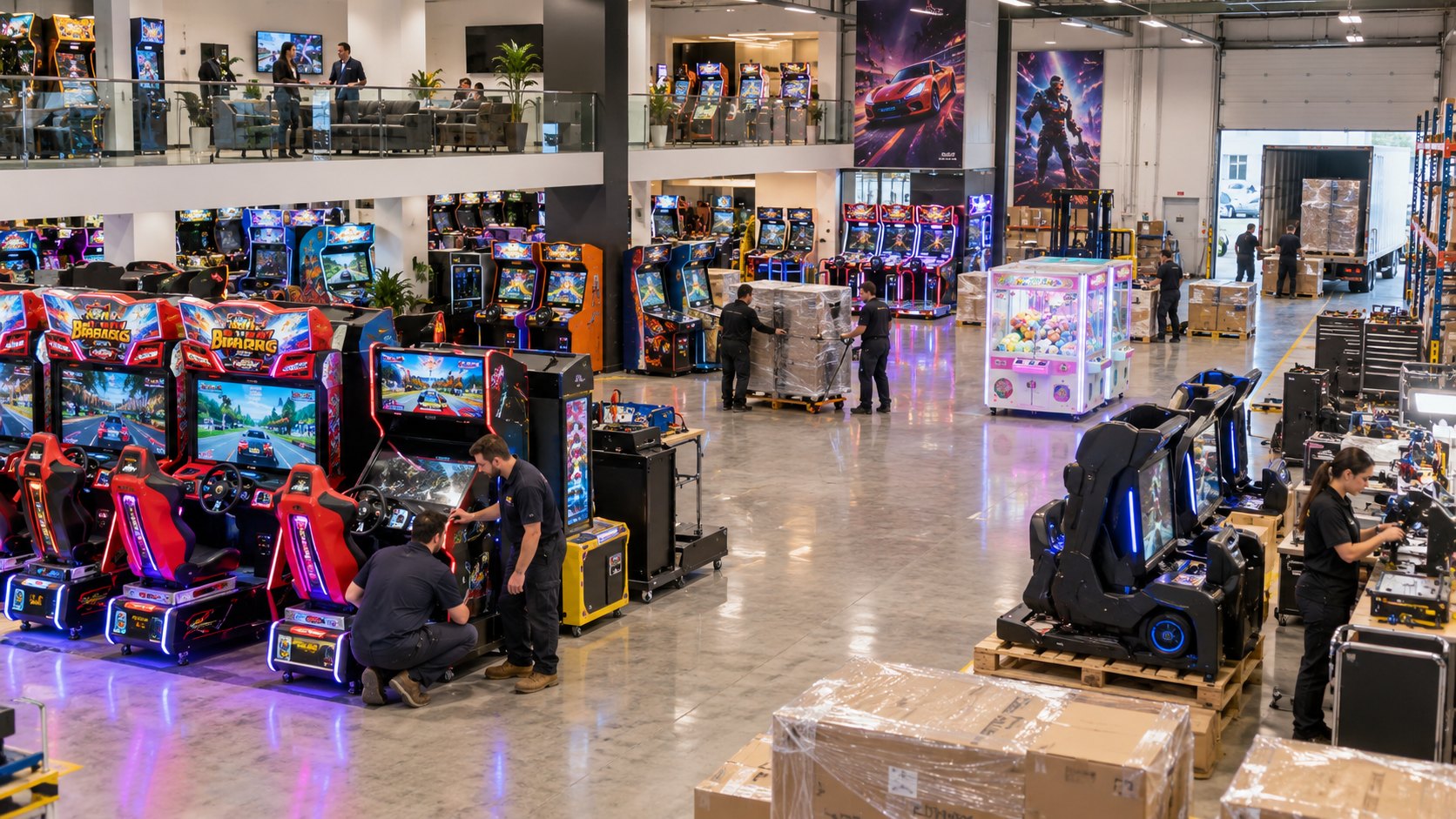 Rows of arcade racing cabinets and a claw machine with technicians kneeling beside them