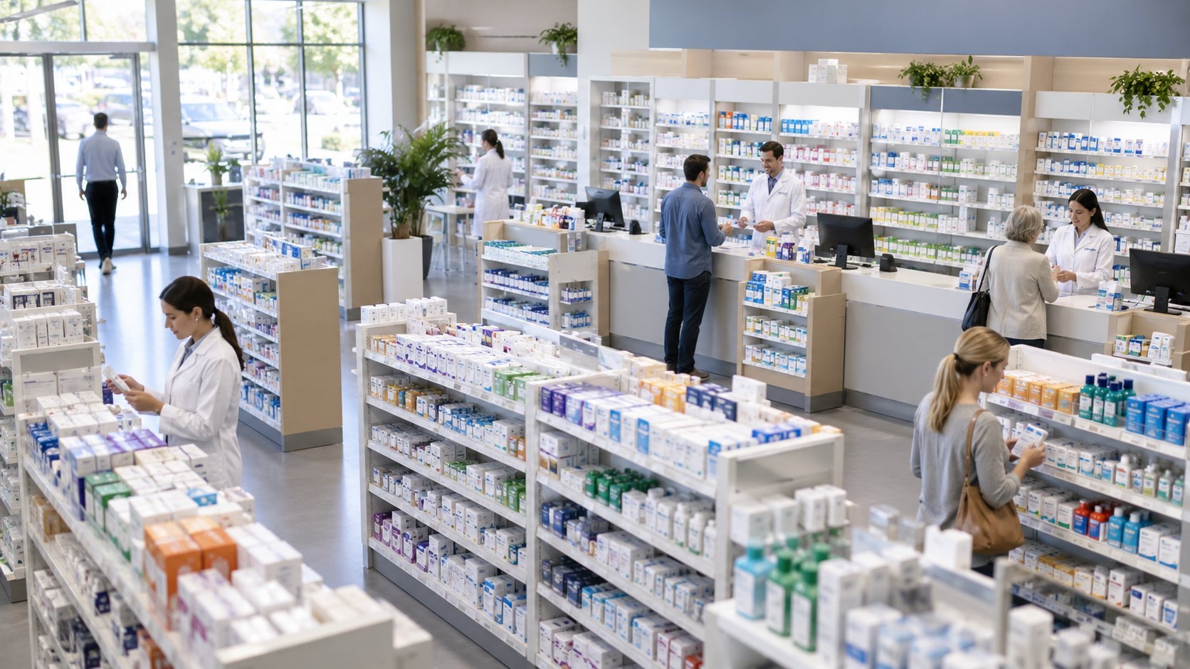 Pharmacy aisles stocked with medicine boxes, white-coated staff at the dispensing counter behind