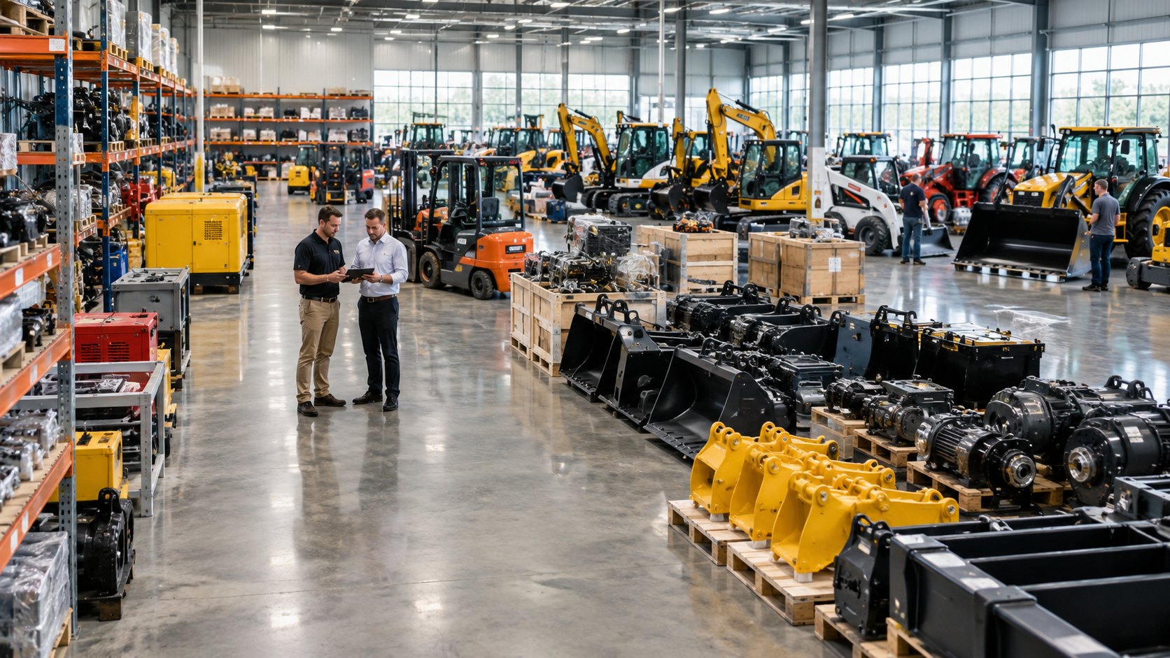 Two men talk among yellow excavators, stacked buckets and pallets of machinery parts