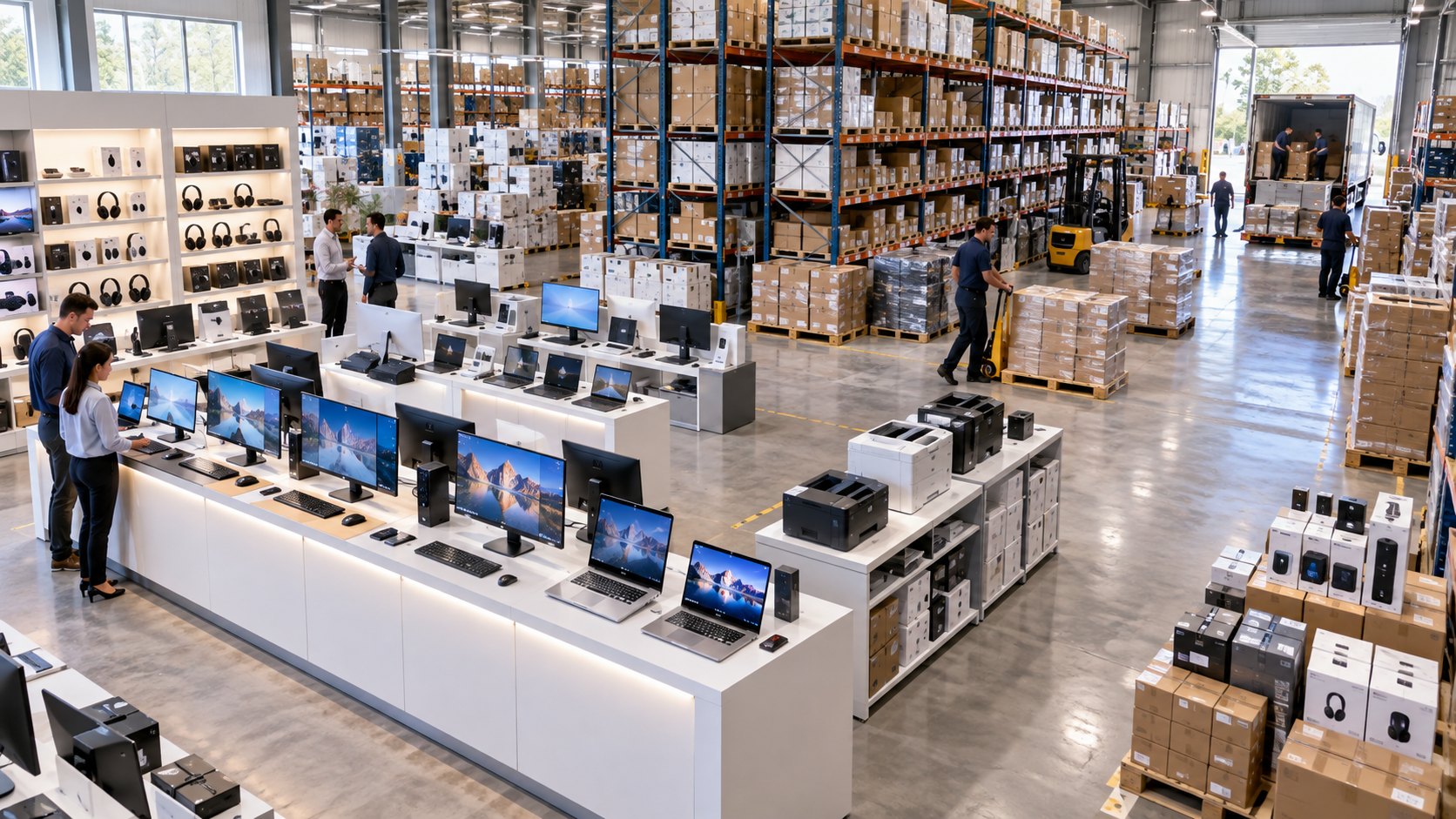 White counters of monitors, laptops and printers below a wall of headphones