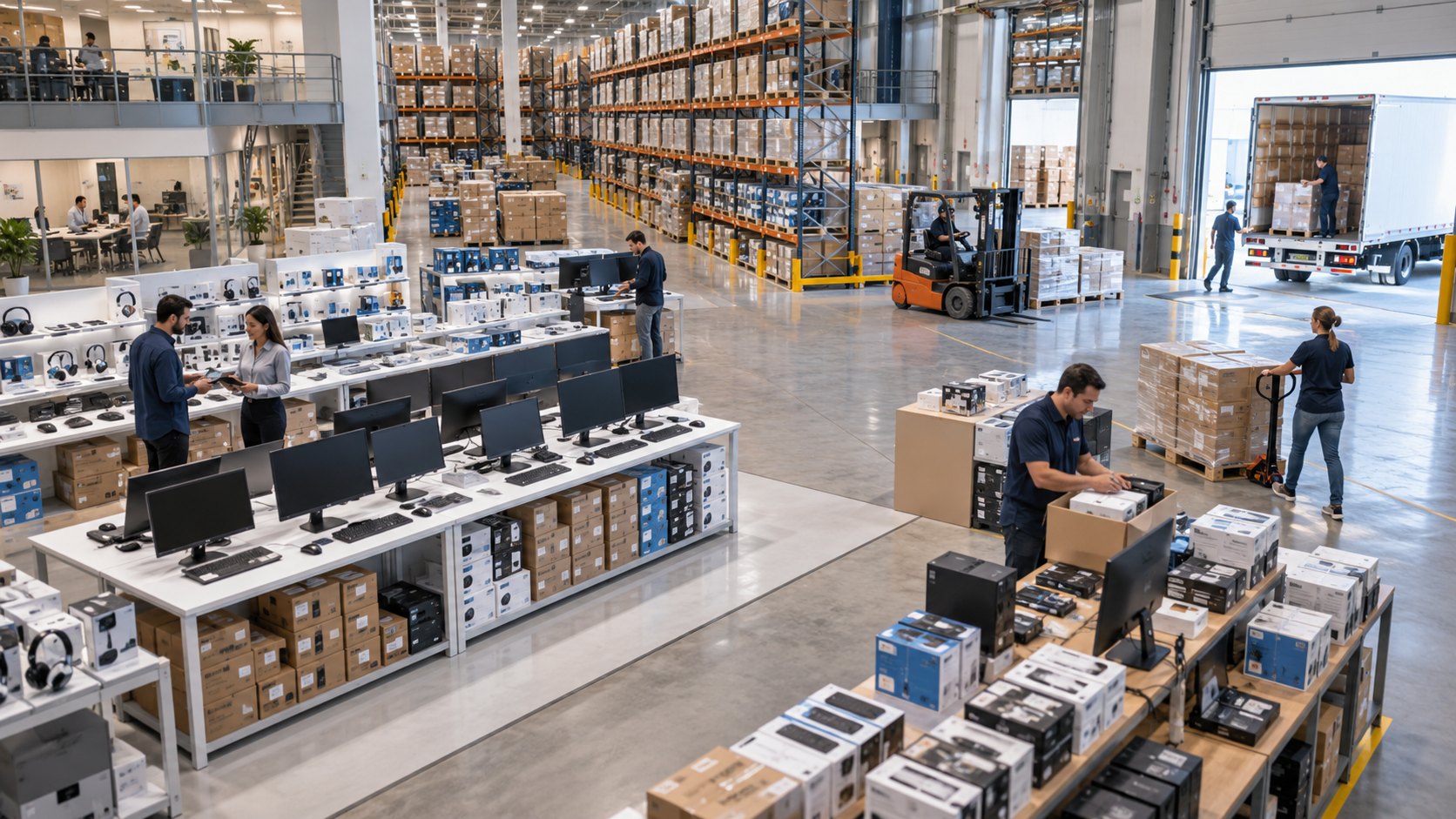 Monitors on counters and boxed computers on pallets, a man packing one into cartons