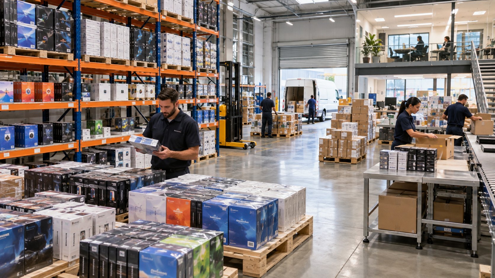 Worker checks a boxed product beside pallets of cartons under orange pallet racking