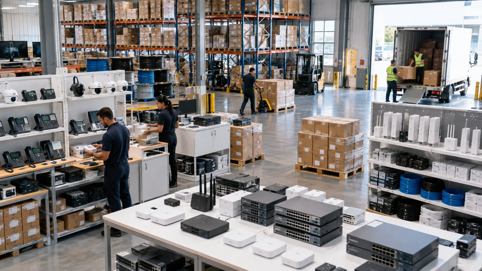 Benches of network switches, access points and desk phones with staff packing behind