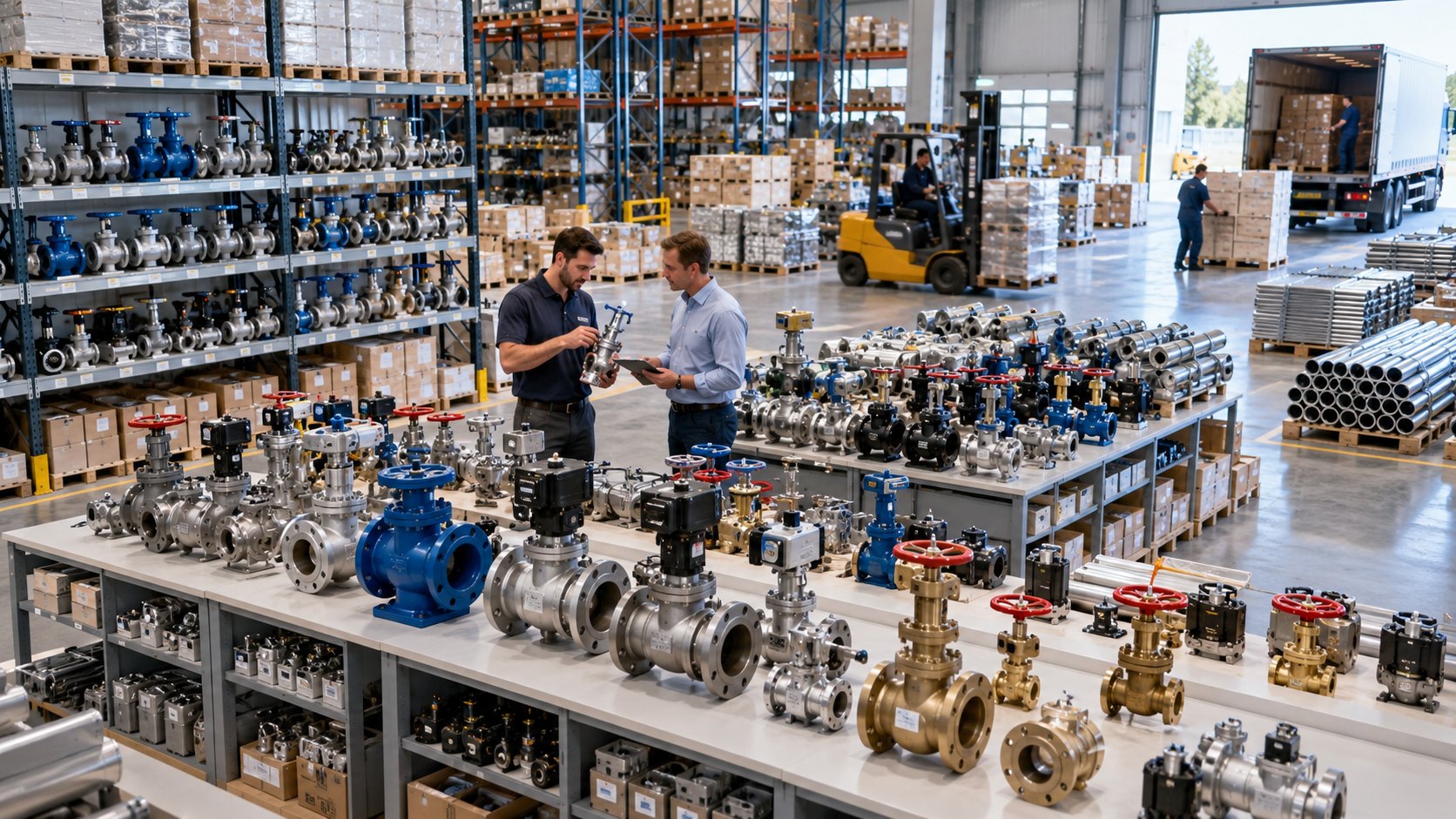 Display stands of brass gate valves and cast-iron pumps with two men conferring