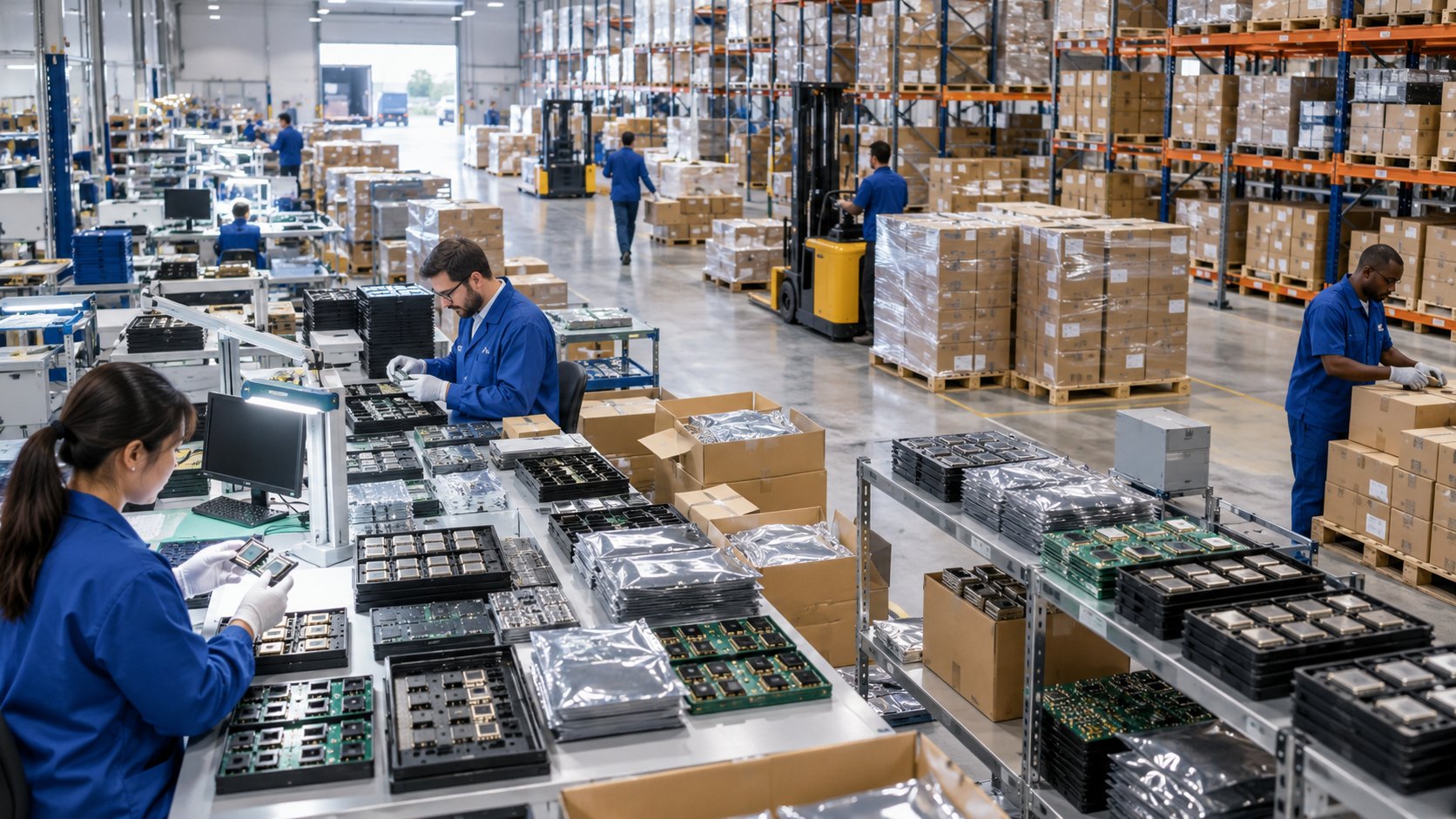 Workers in blue coats at benches sorting trays of circuit boards and components