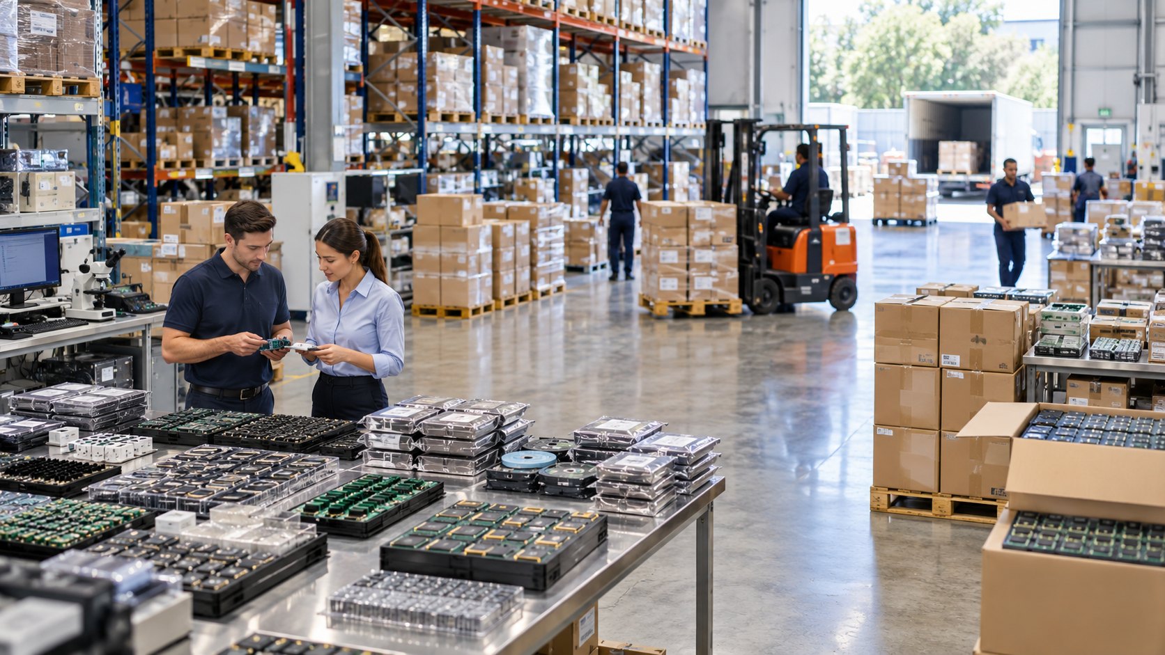 Two colleagues at a steel bench stacked with component trays, forklift passing behind