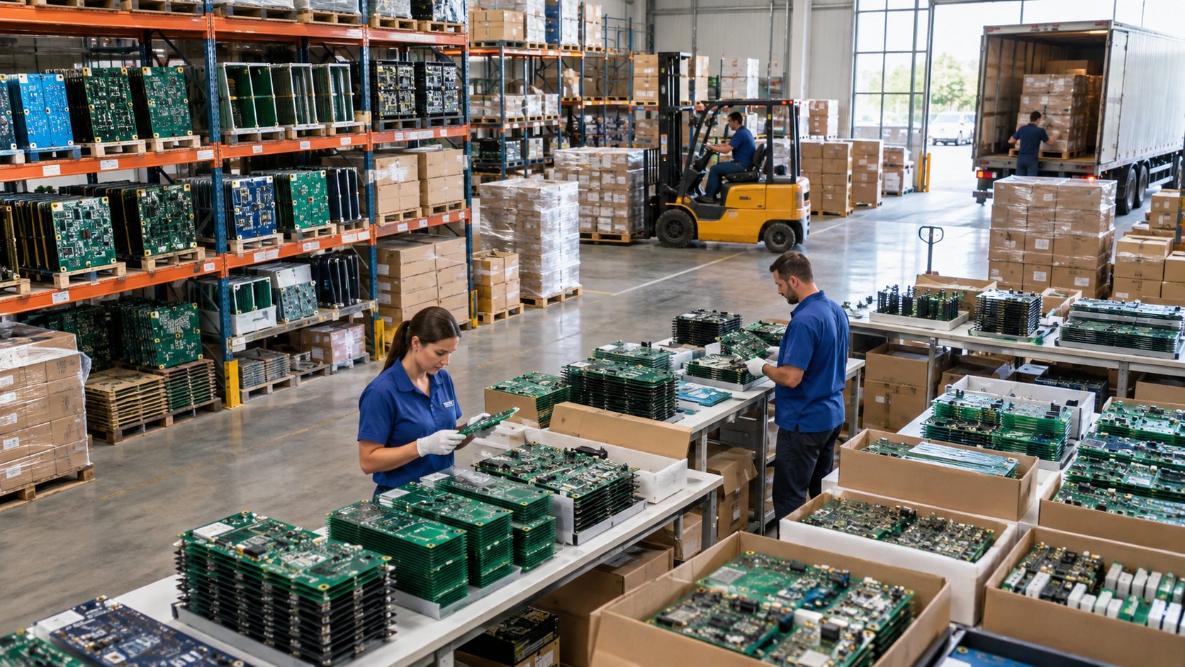 Trays of green circuit boards on racking and benches, two staff sorting them