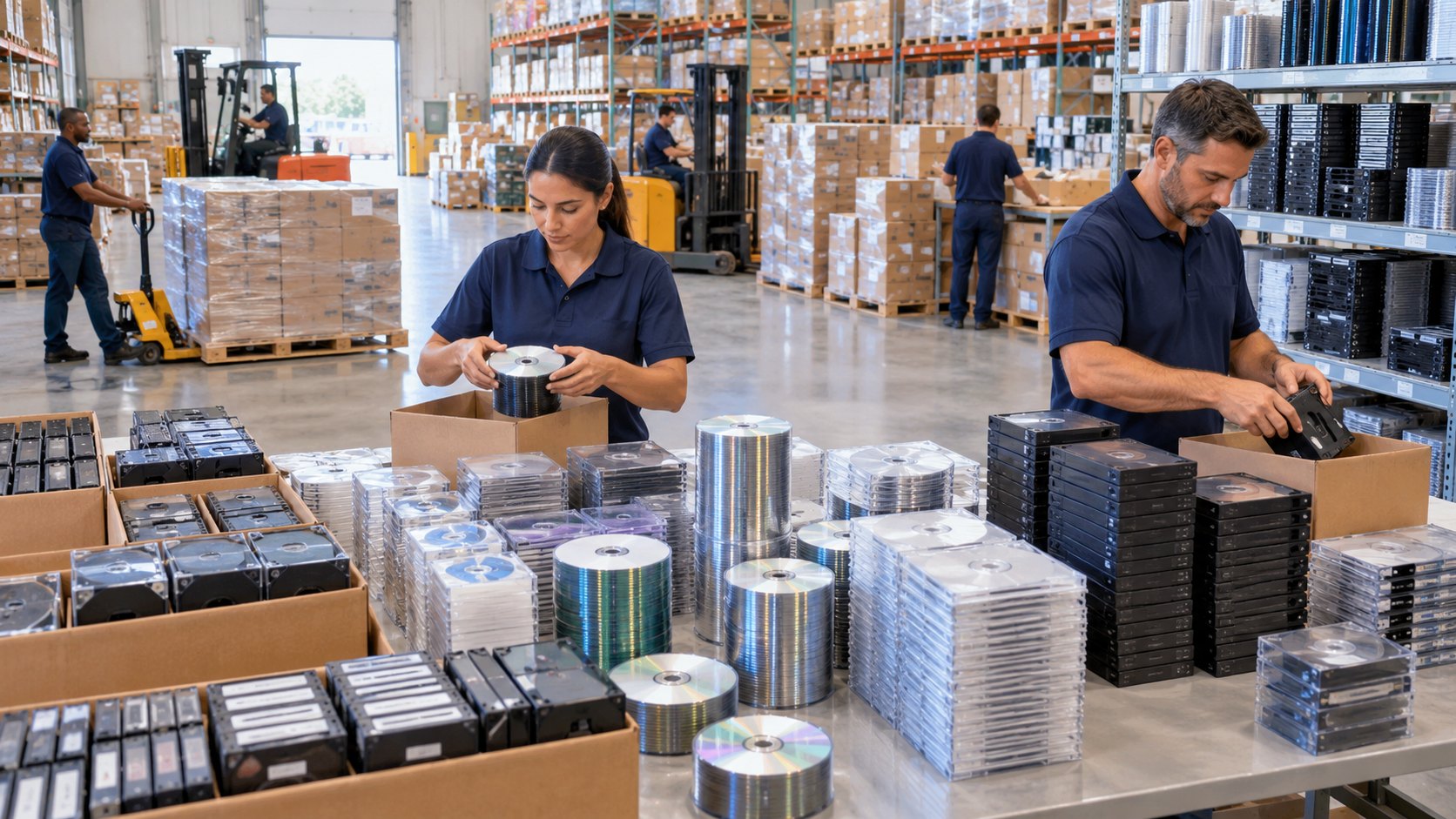 Two workers at a bench sorting spindles of blank discs and black cases