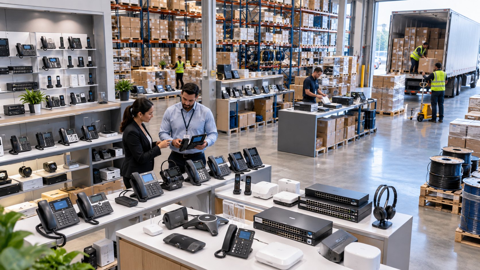 Counters of desk phones, headsets and switches with two people talking between them