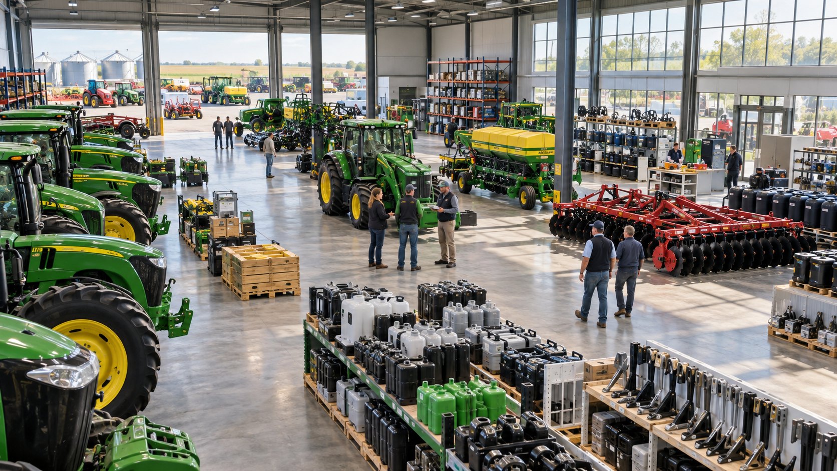 Raised view across a dealership hall of green tractors, red harrows and boxed parts
