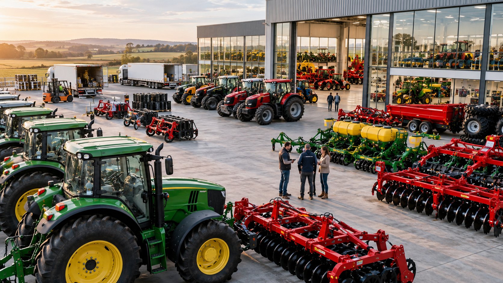 Three men talking on a forecourt lined with green tractors and red implements at dusk