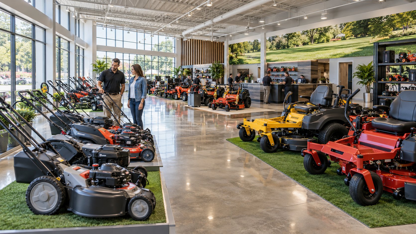 Walk-behind mowers on artificial turf facing yellow and red ride-on mowers across a showroom