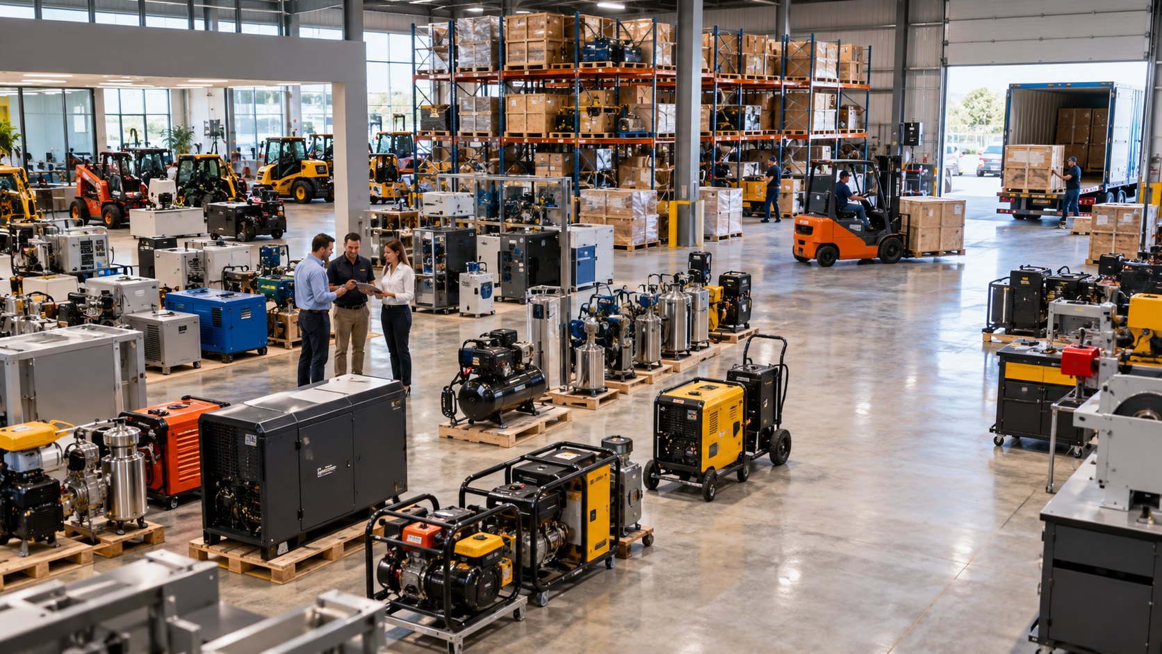 Raised view of pallets of generators and compressors, a forklift by the open loading door