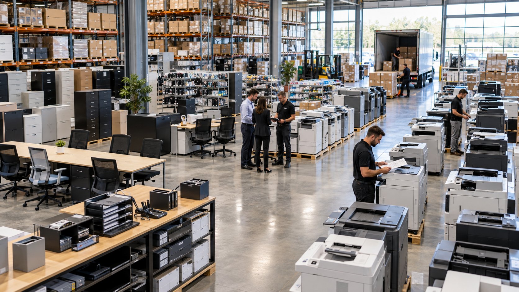 Raised view of rows of copiers, desks and filing cabinets with staff among them