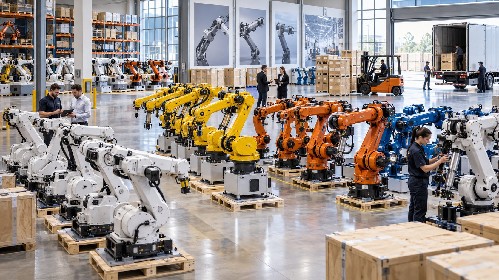Yellow, orange and blue robot arms crated on pallets, a man working at one