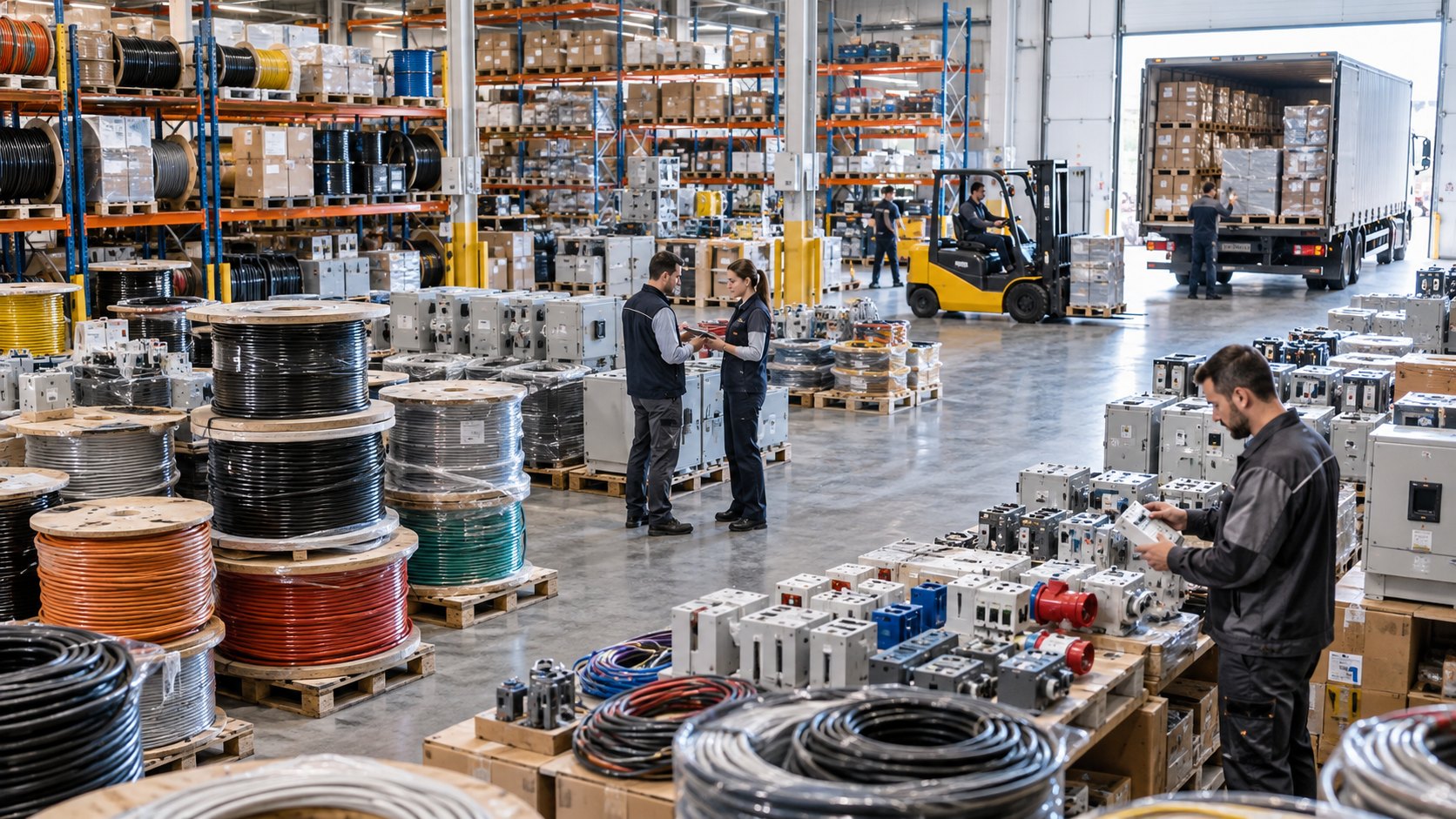 Cable drums and pallets of switch enclosures, a lorry at the loading bay behind
