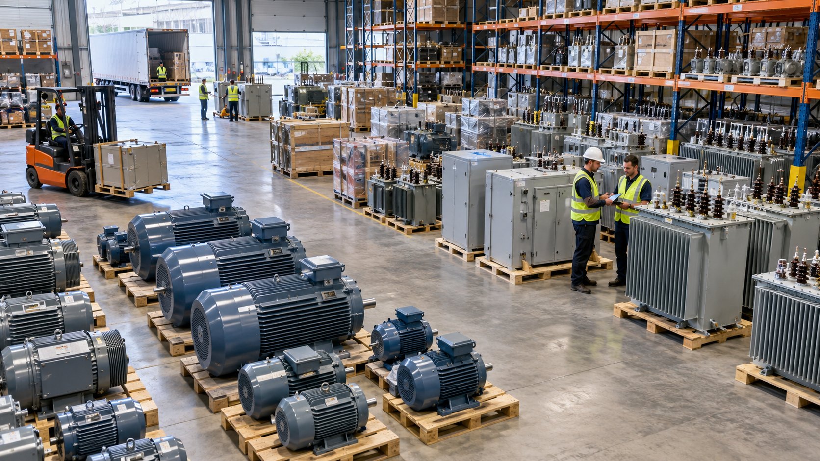 Pallets of blue electric motors and grey transformers, a worker in hi-vis among them