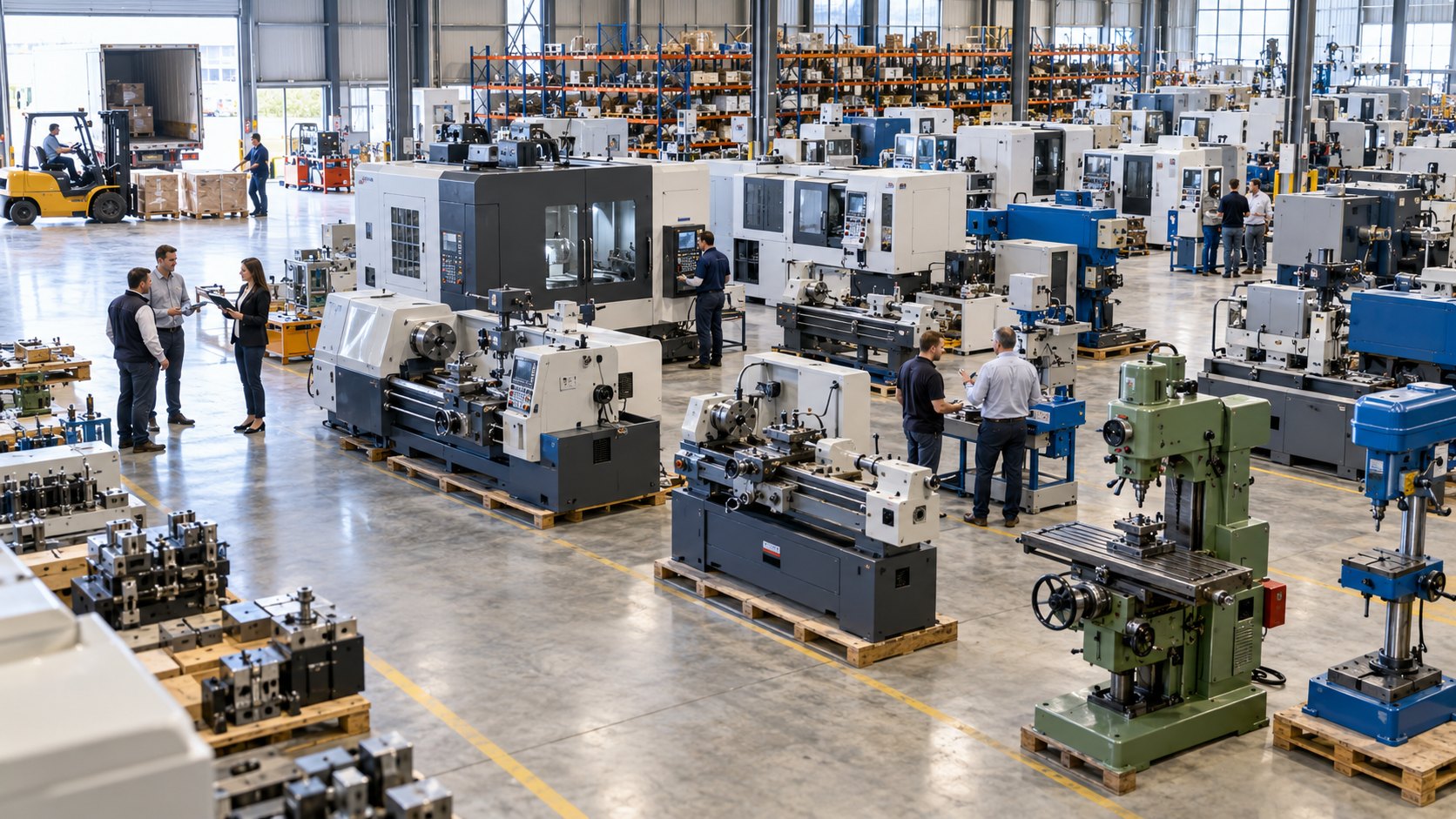 Raised view of a hall of lathes, milling machines and a green pillar drill