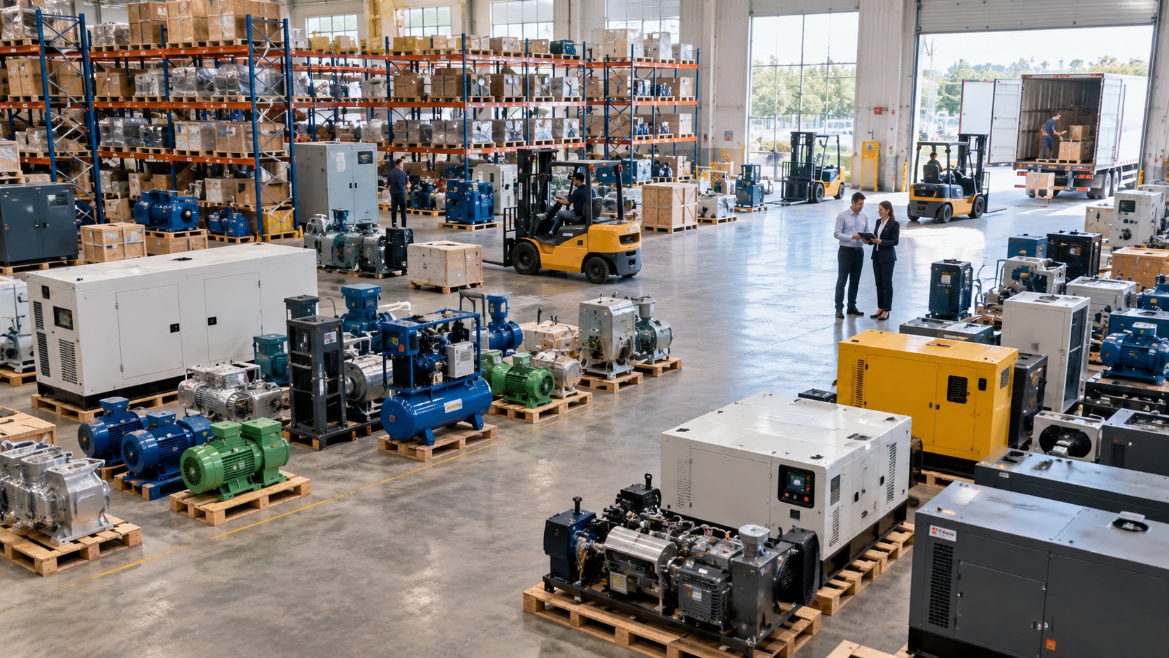 Pallets of pump sets and enclosed generators with two people talking in the aisle