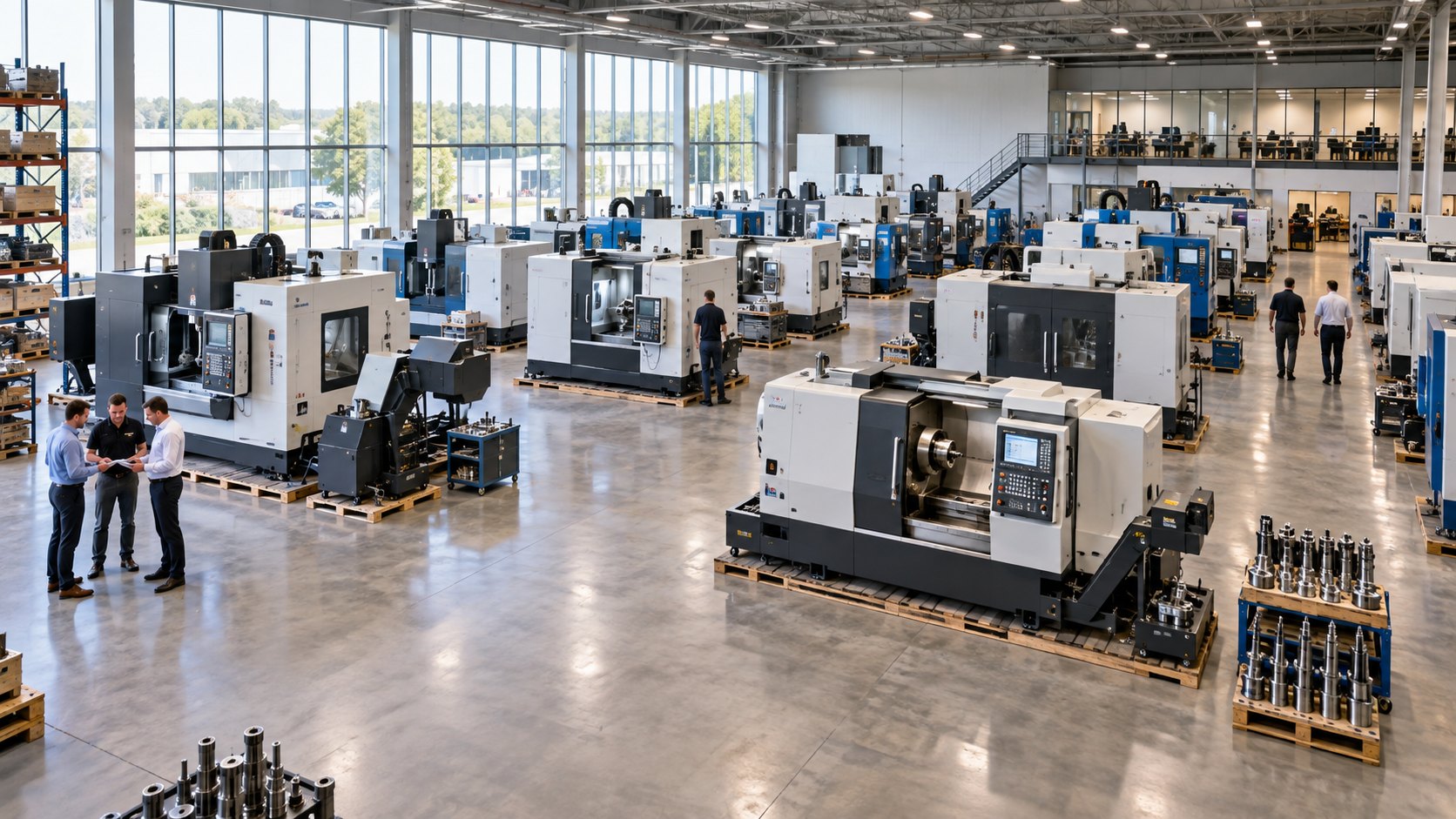 Raised view of rows of lathes and machining centres with racks of toolholders