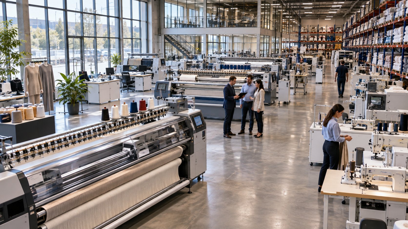 Long hall of knitting machines and sewing tables, a woman standing at one