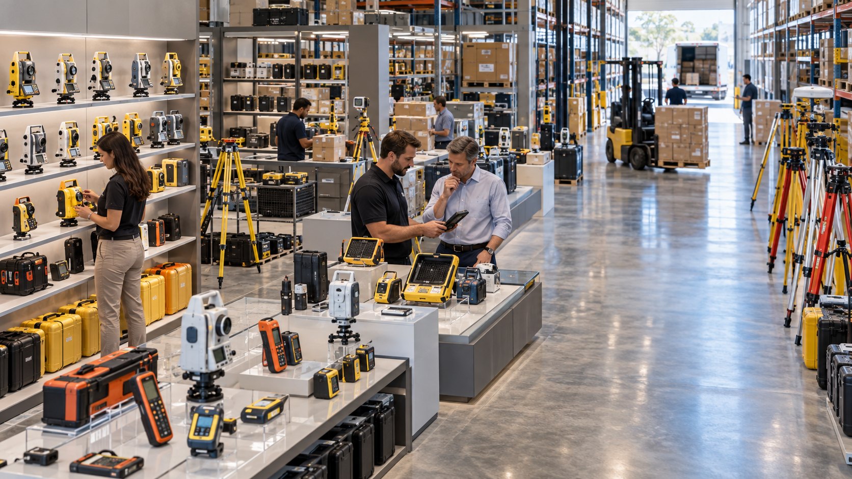 Survey instruments and tripods on display plinths with two men talking at one