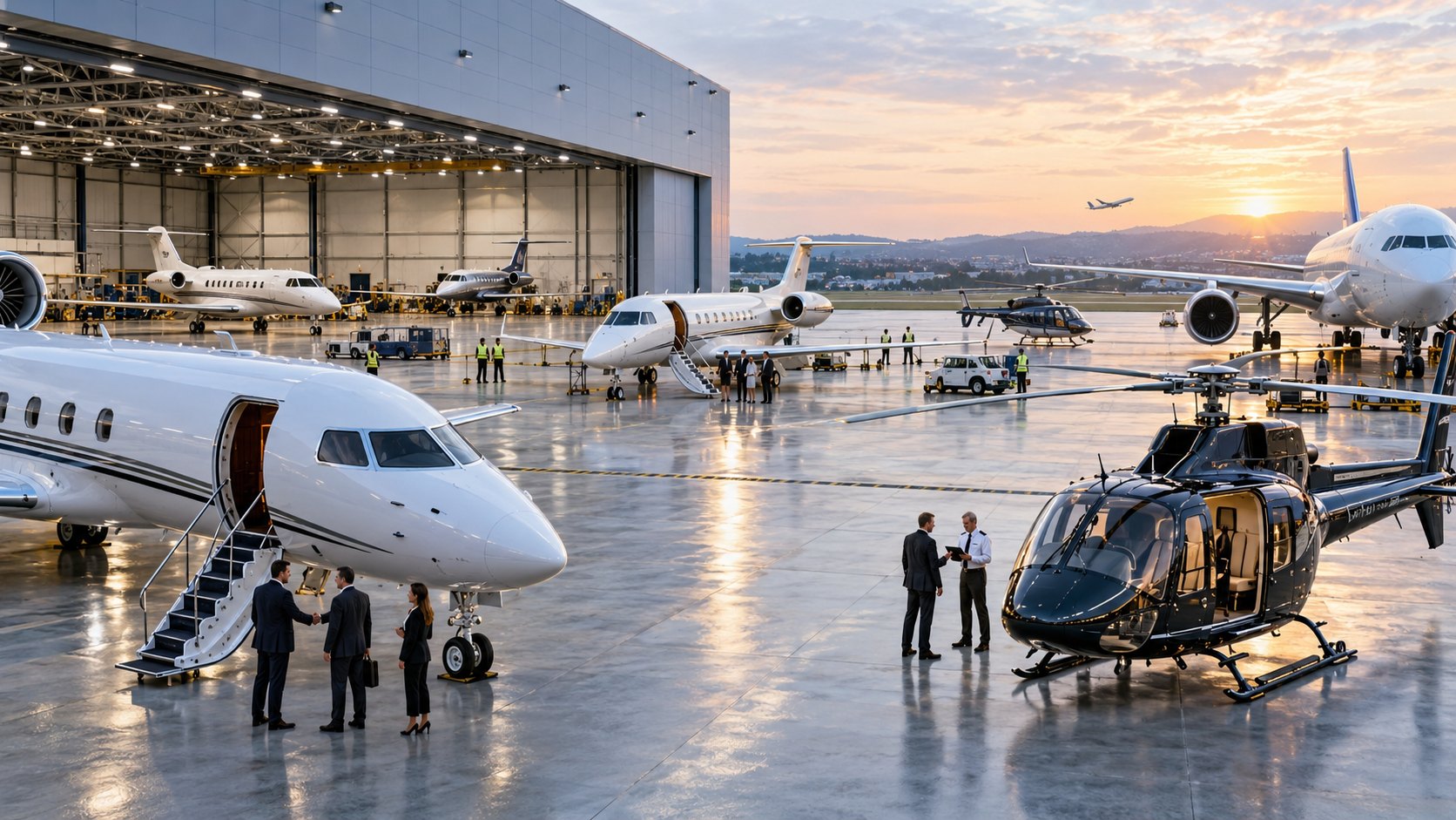 Business jets and a black helicopter outside a hangar at sunset, passengers boarding by stairs
