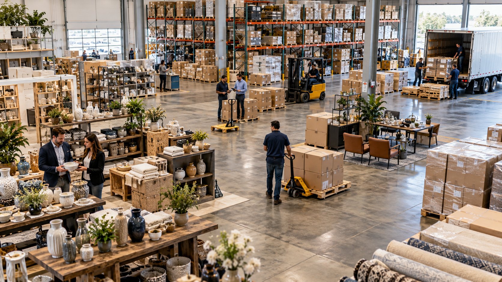 Man pulling a pallet truck of boxes past displays of vases, rugs and baskets