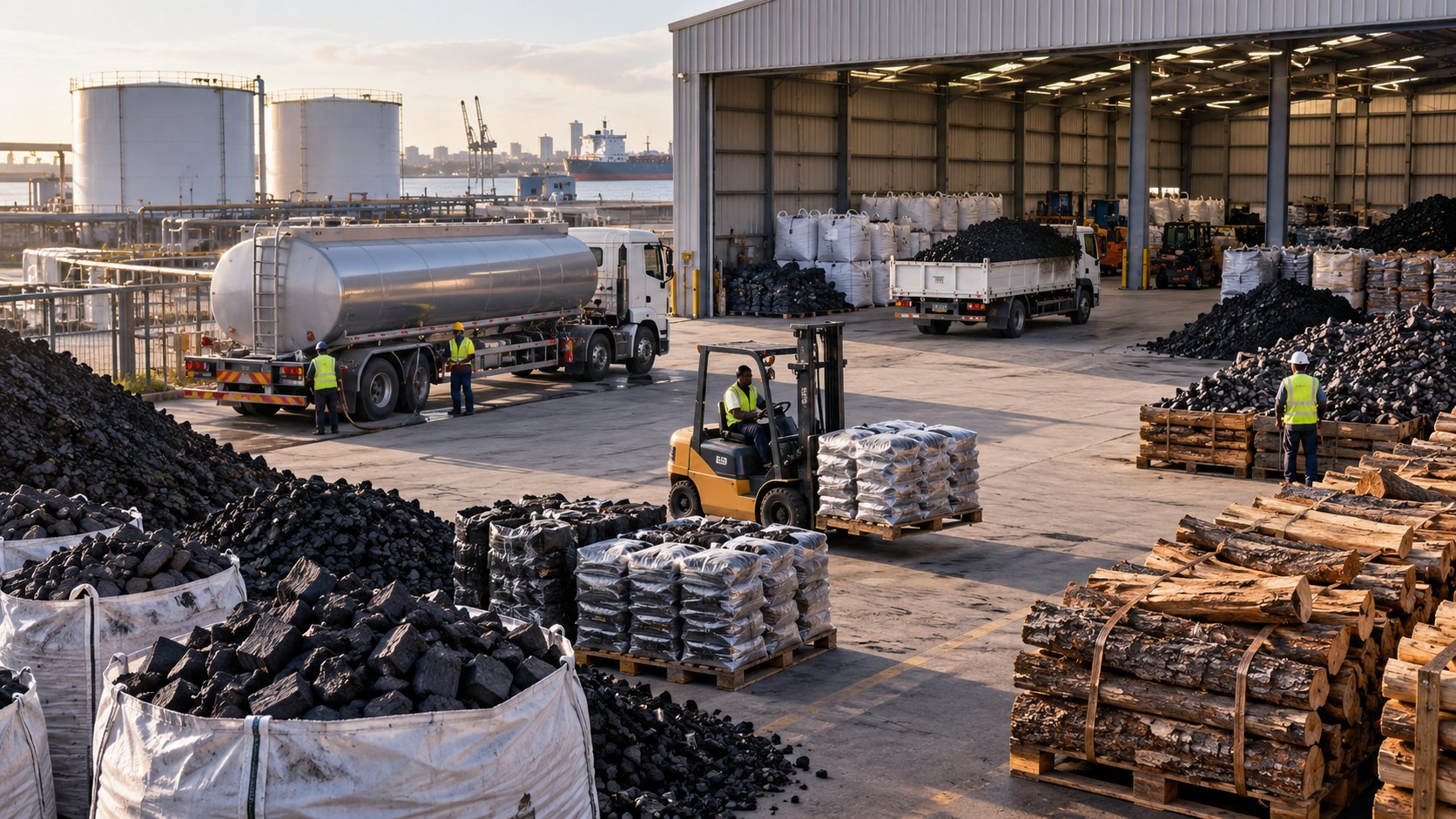 Yard of charcoal sacks and firewood pallets with a road tanker and forklift