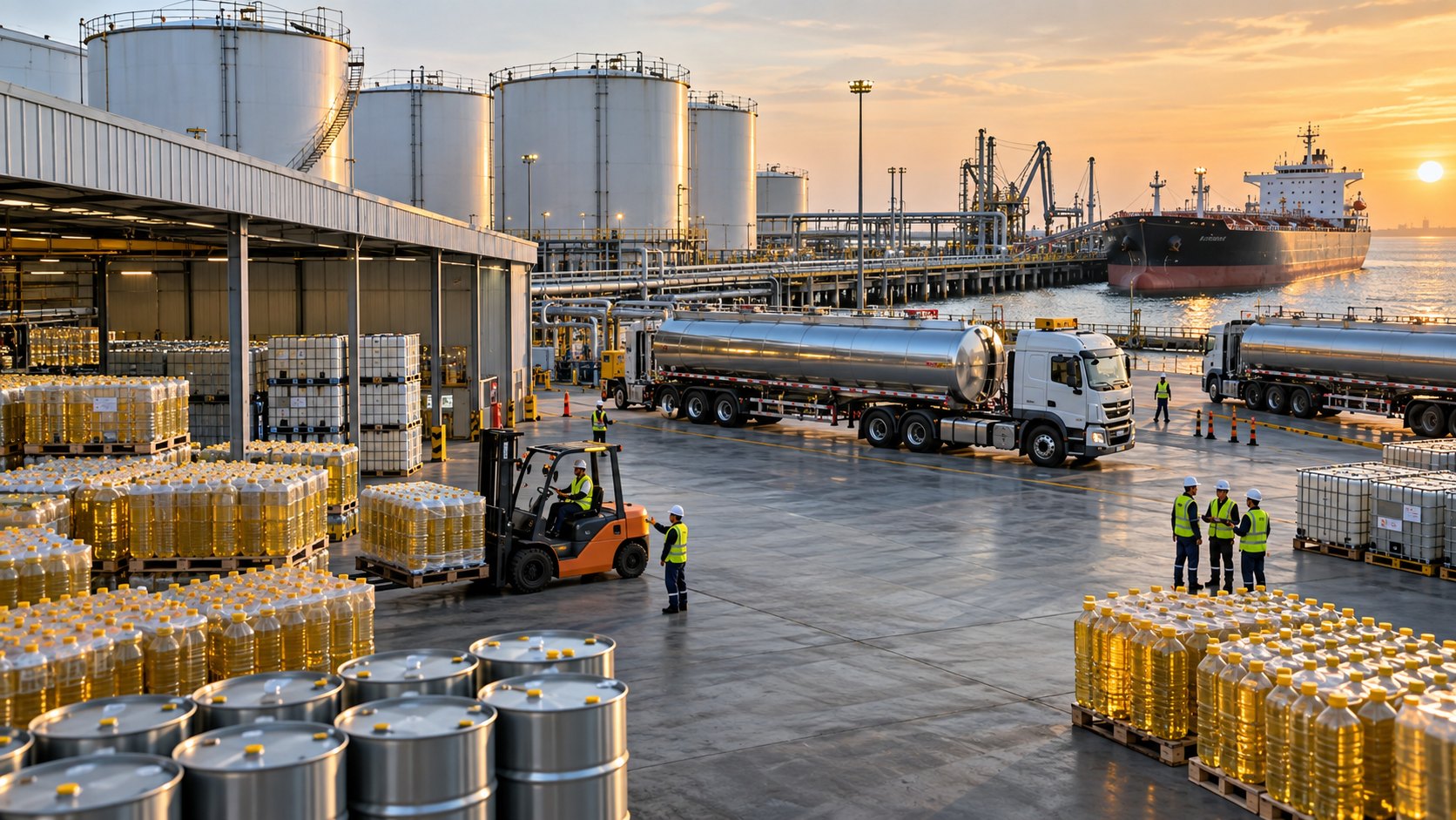 Dockside tank farm with road tankers, stacked yellow drums and a moored ship