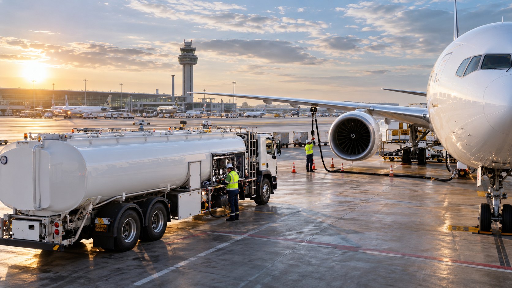 Fuel tanker and a worker beside an airliner at the gate, control tower behind