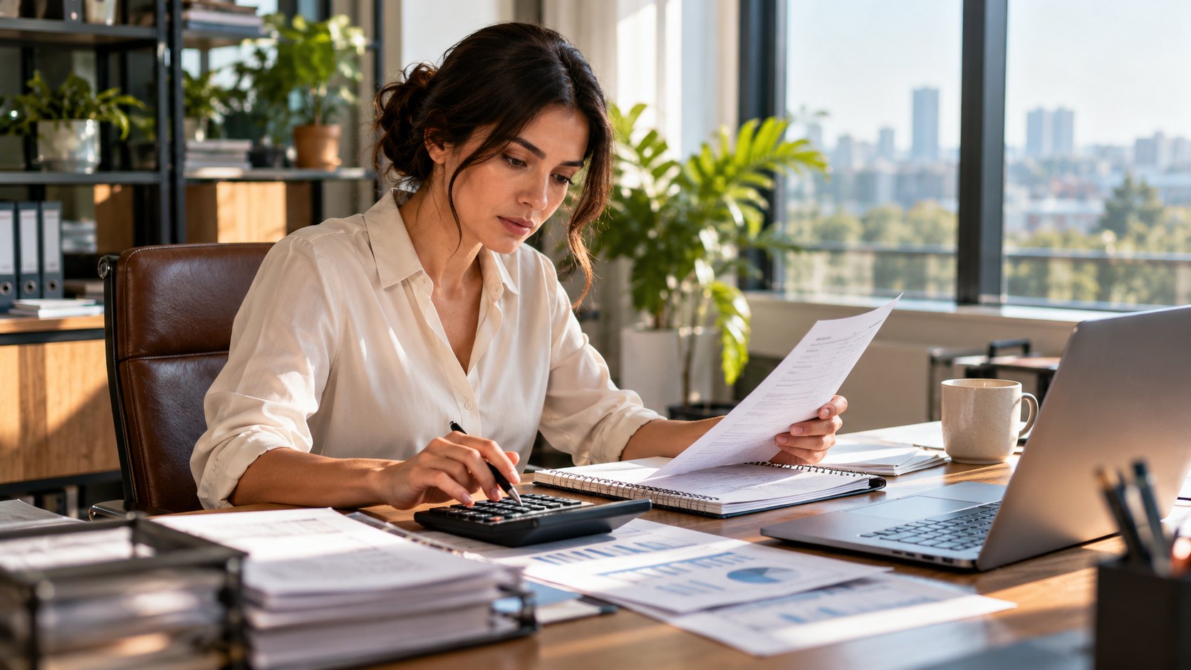 Woman in cream blouse reads a printed sheet at her desk, calculator and laptop beside