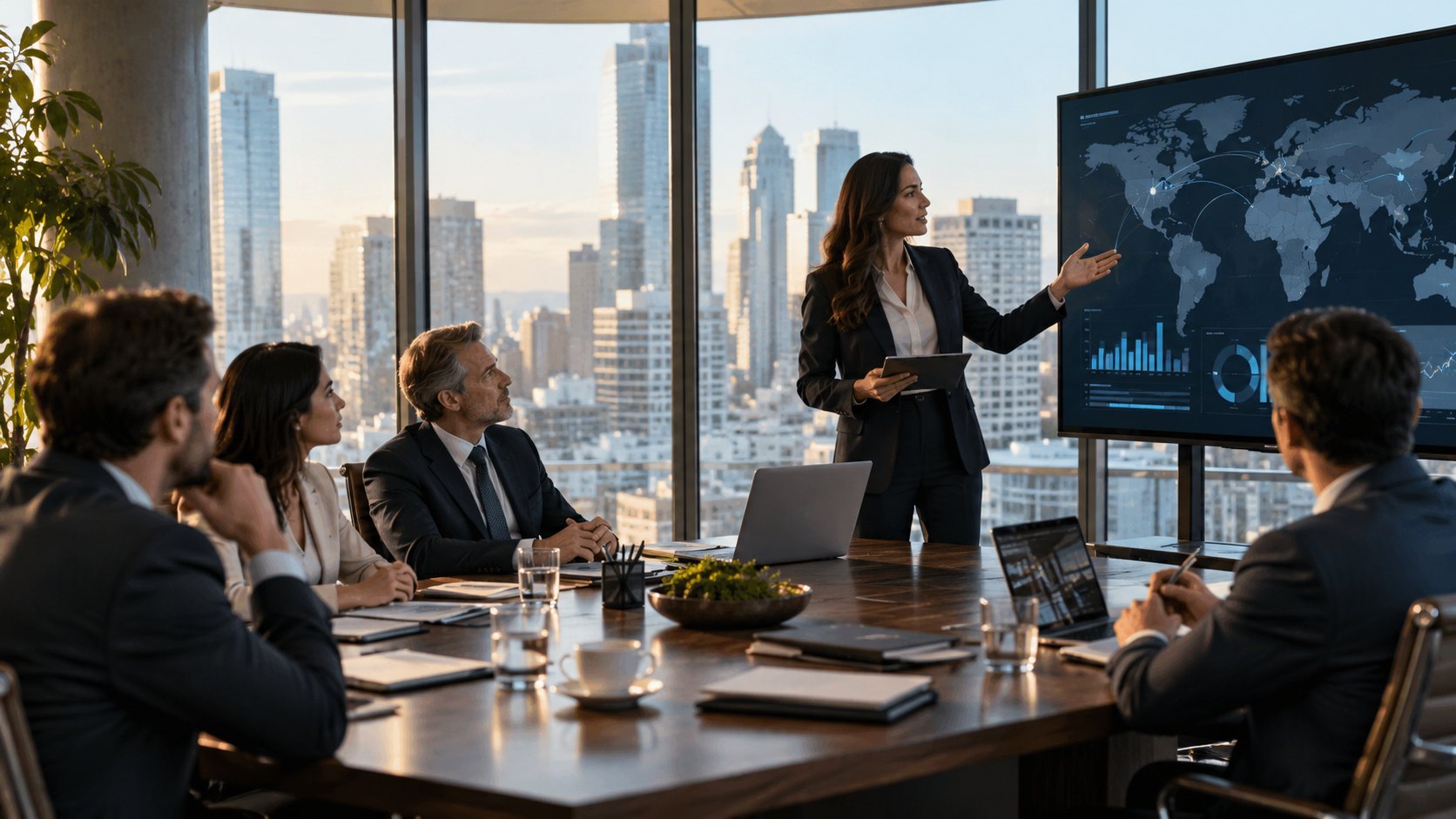 Standing presenter gestures toward a screen of world map and bars, five seated listeners watching