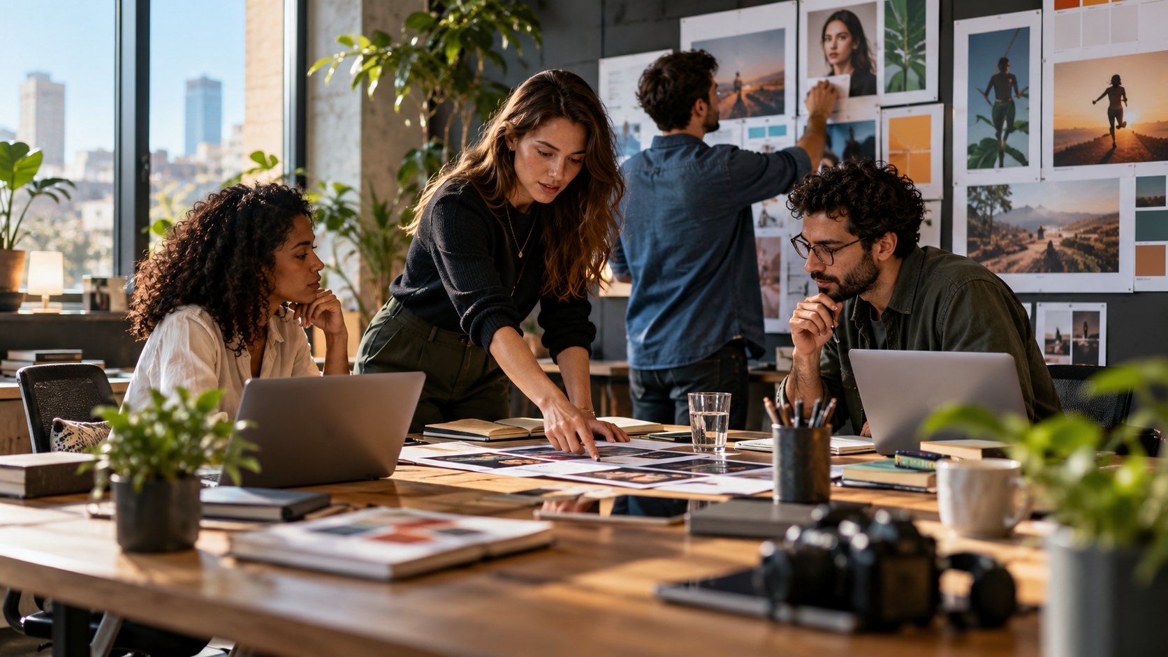 Four creatives sort colour prints on a long table while one pins images to the wall