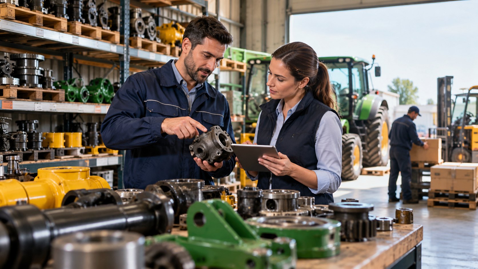 Worker holds a metal component while a woman notes details on a tablet beside green machinery