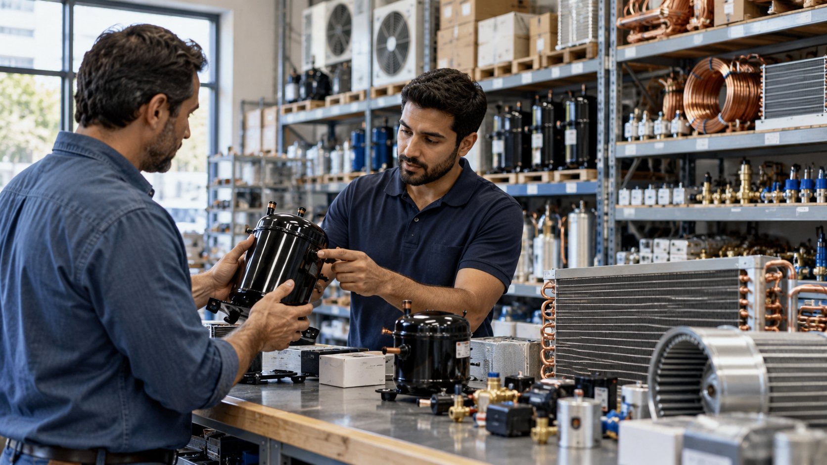 One man hands a black compressor across a counter to another, copper coils and fans stacked