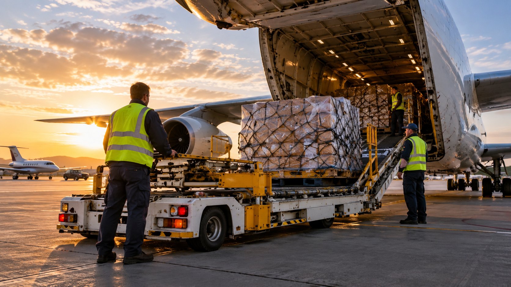Two high-visibility loaders guide a shrink-wrapped pallet into an open aircraft cargo door at dusk