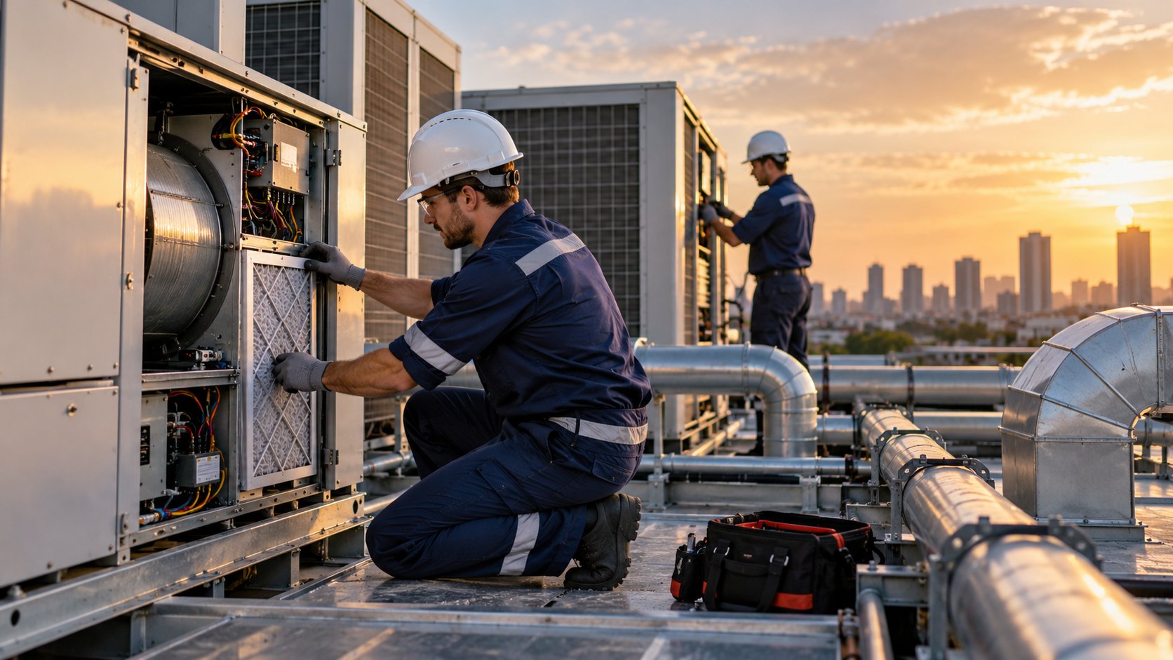Worker in helmet opens a rooftop fan unit beside ducting and pipework, skyline behind him