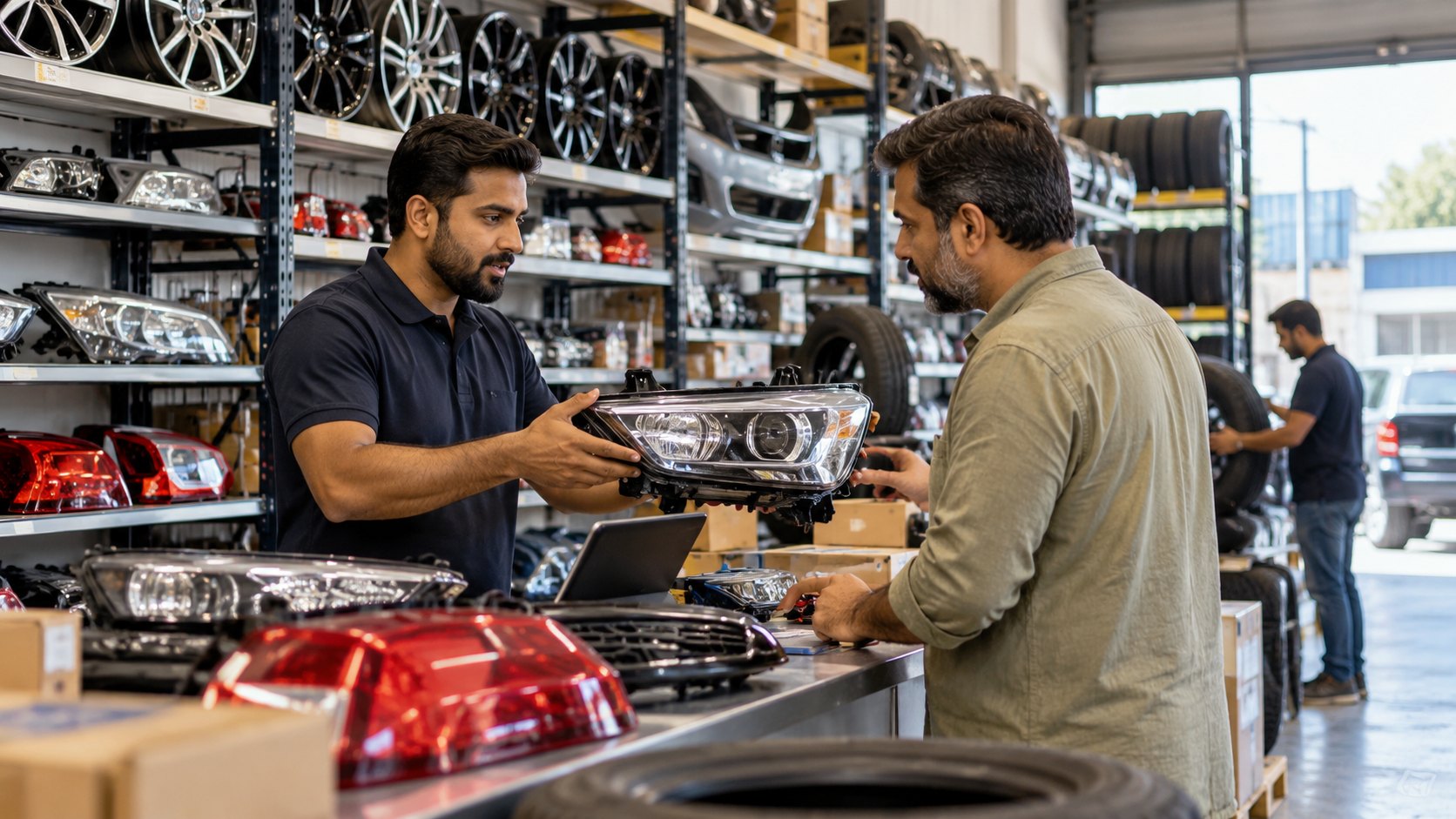 Man passes a headlamp across a counter of red tail lights, wheels racked behind them